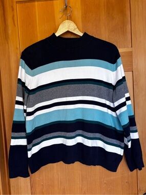 Northern Reflections Striped Crewneck Sweater in Navy, Teal, Gray & White